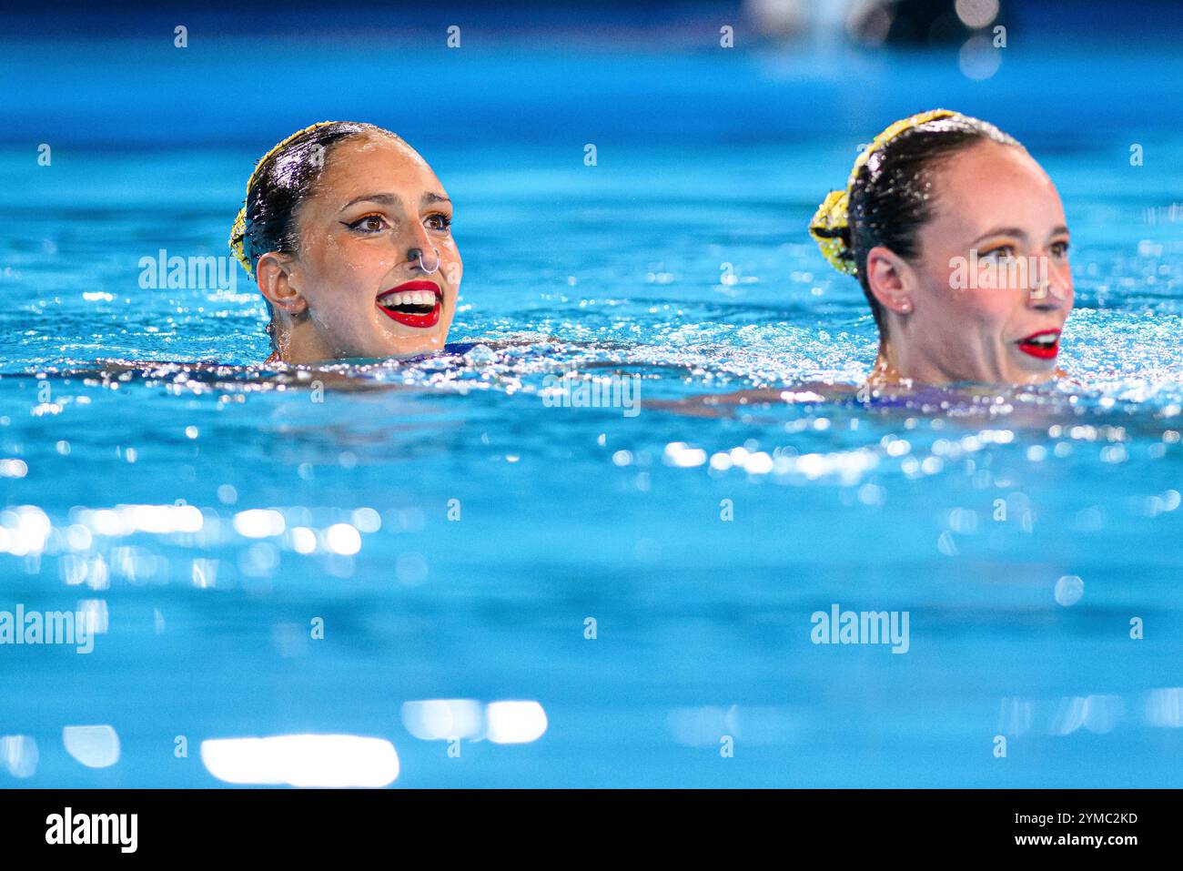 PARIS, FRANCE - 9 AUGUST, 2024: Shelly Bobritsky, Ariel Nassee, The Artistic Swimming, Duet, Technical Routine, Artistic Swimming, Duet, Technical Rou Stock Photo