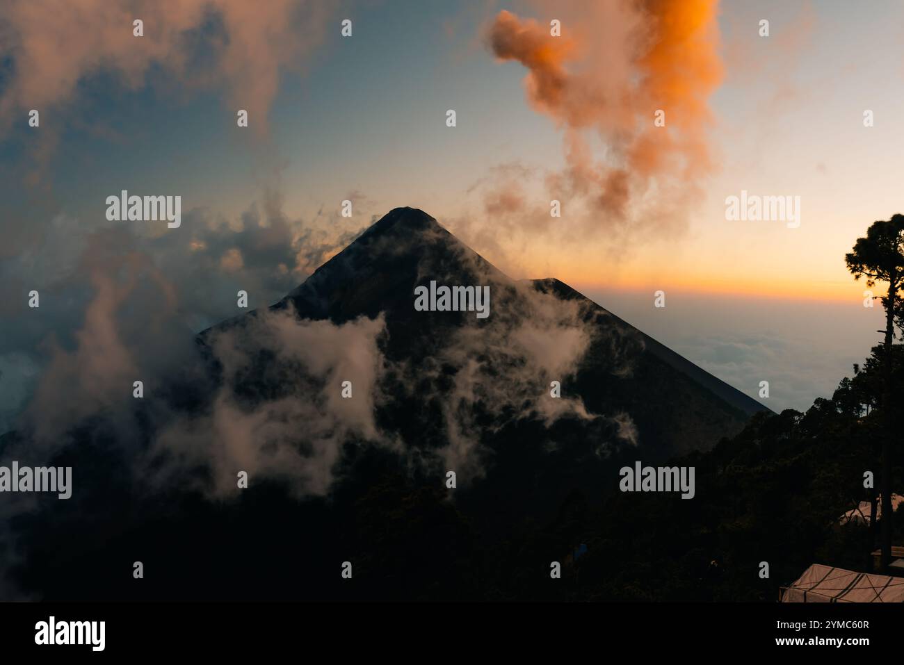 Volcano Fuego erupting at night from view of Volcano Acatenango ...