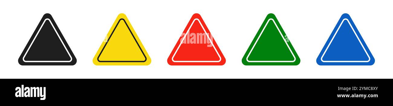 Set of triangular black, yellow, red, green and blue road signs. Vector illustration of icons for warning about the situation on the road. White isola Stock Vector