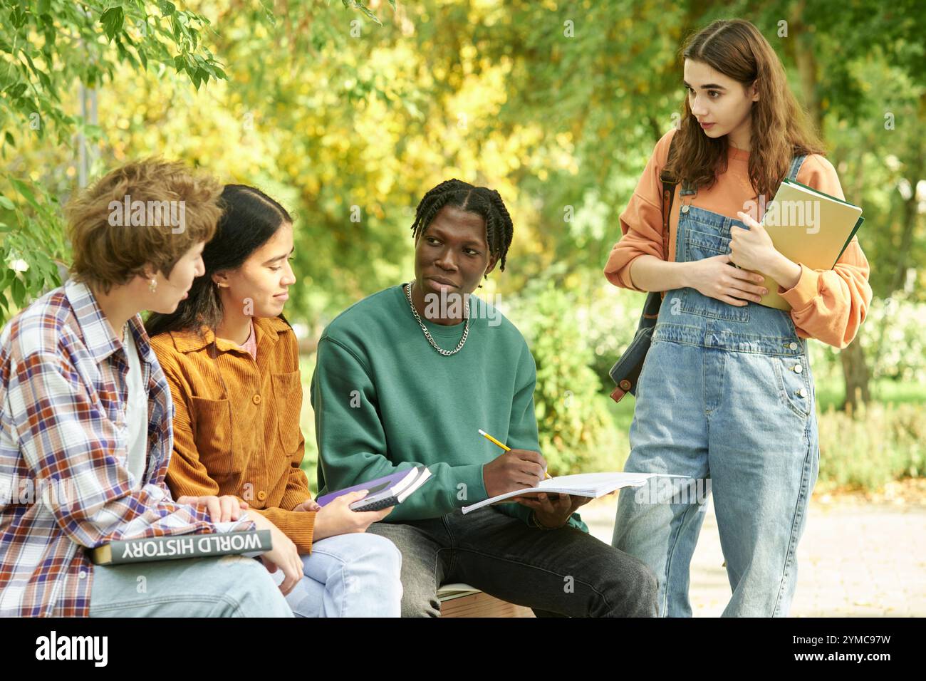 Studying Outdoors with Multiracial Group of Students Stock Photo