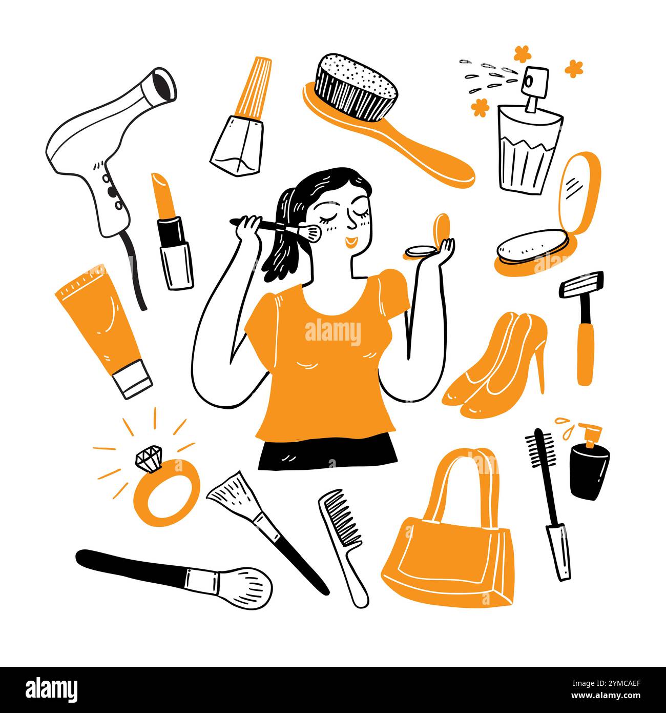 The pretty woman with cosmetic objects set, hand drawn vector elements Stock Vector