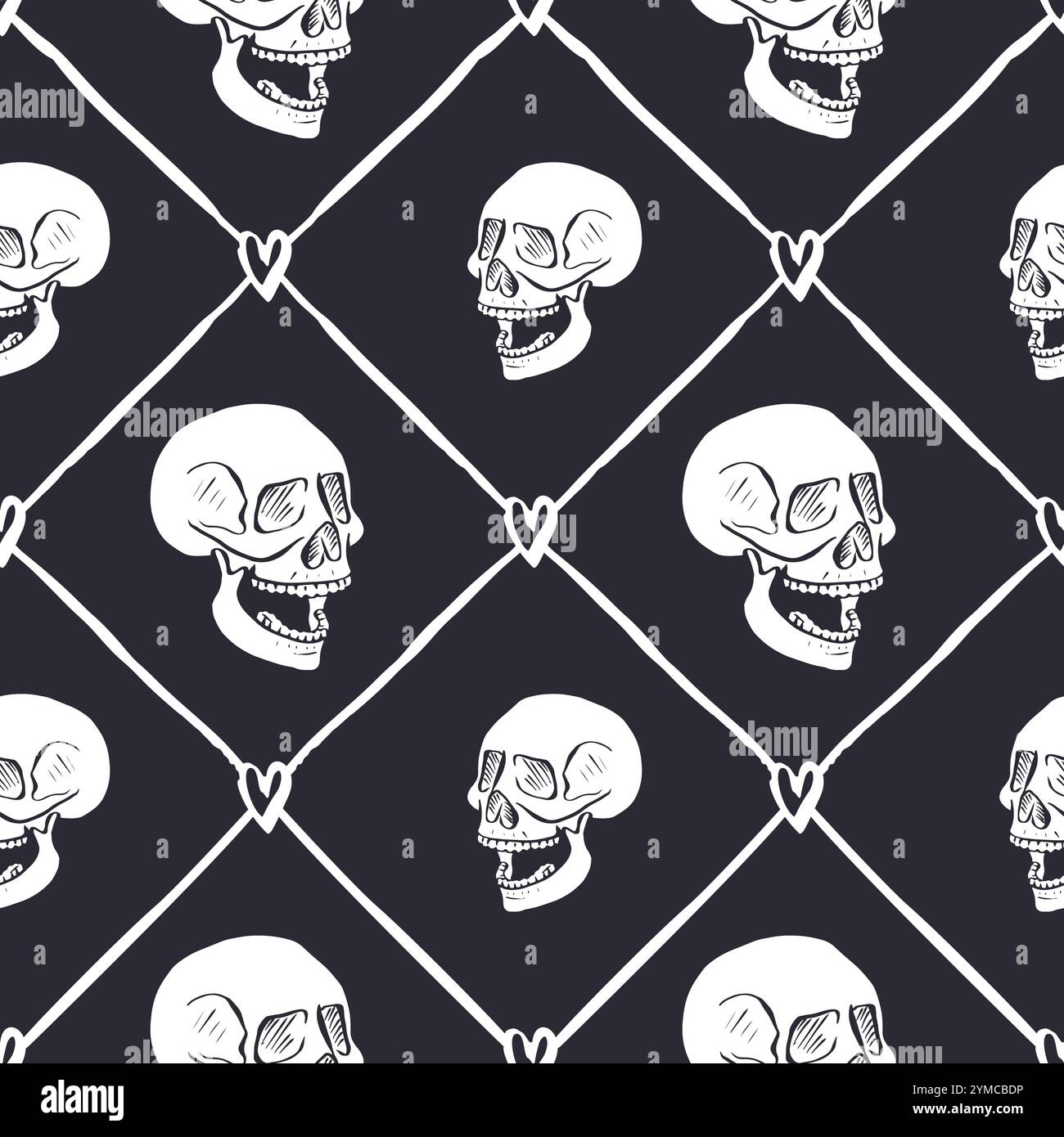 Seamless pattern with hand drawn black and white human skulls inside trellis Stock Vector