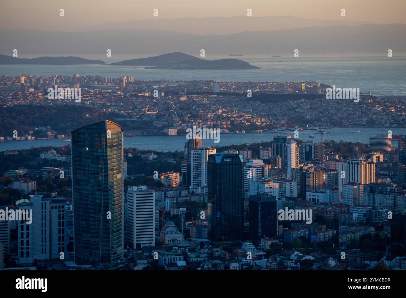 Istanbul panorama at sunset as seen from the Istanbul Sapphire in Turkey. Stock Photo