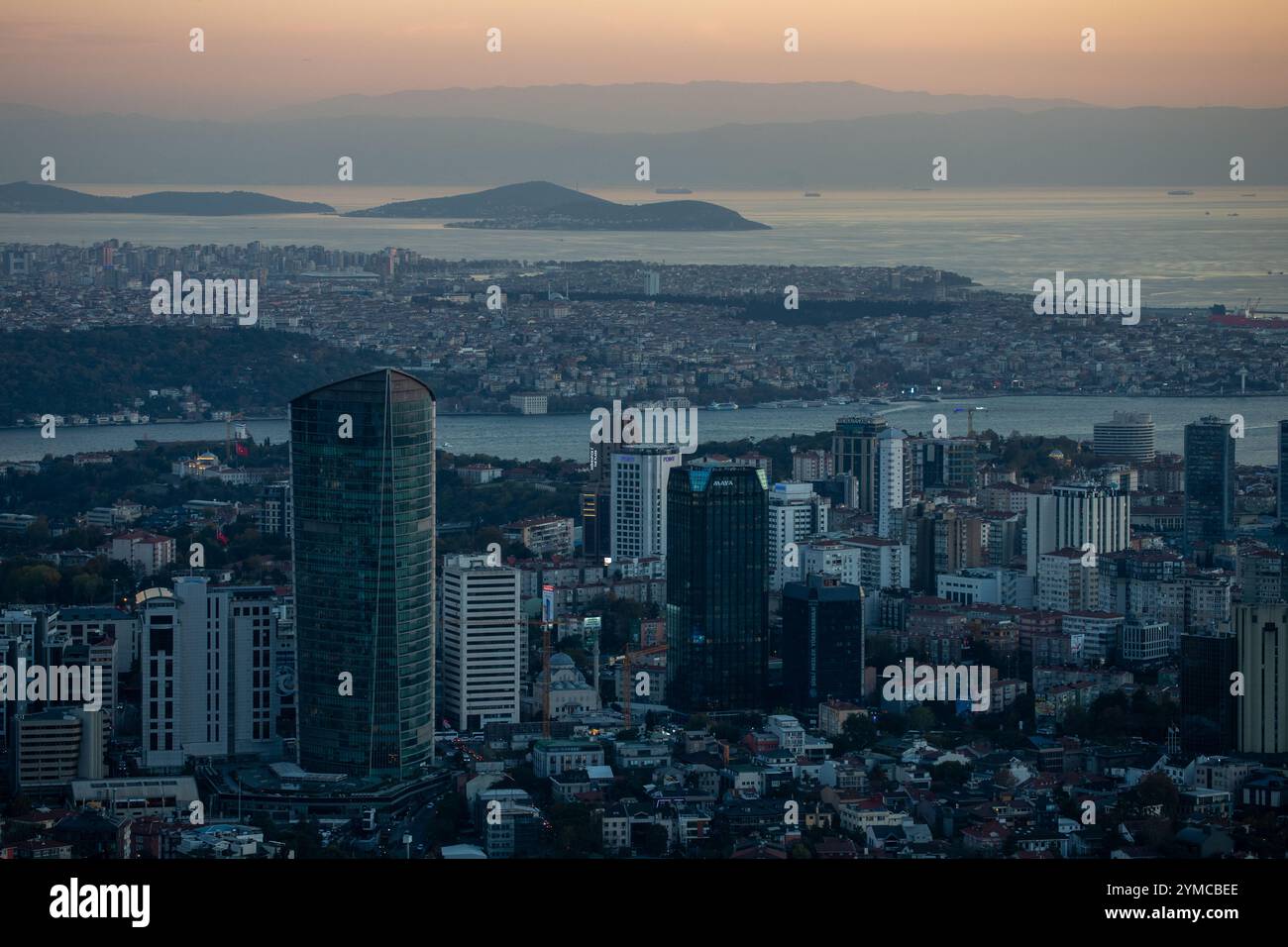 Istanbul panorama at sunset as seen from the Istanbul Sapphire in Turkey. Stock Photo