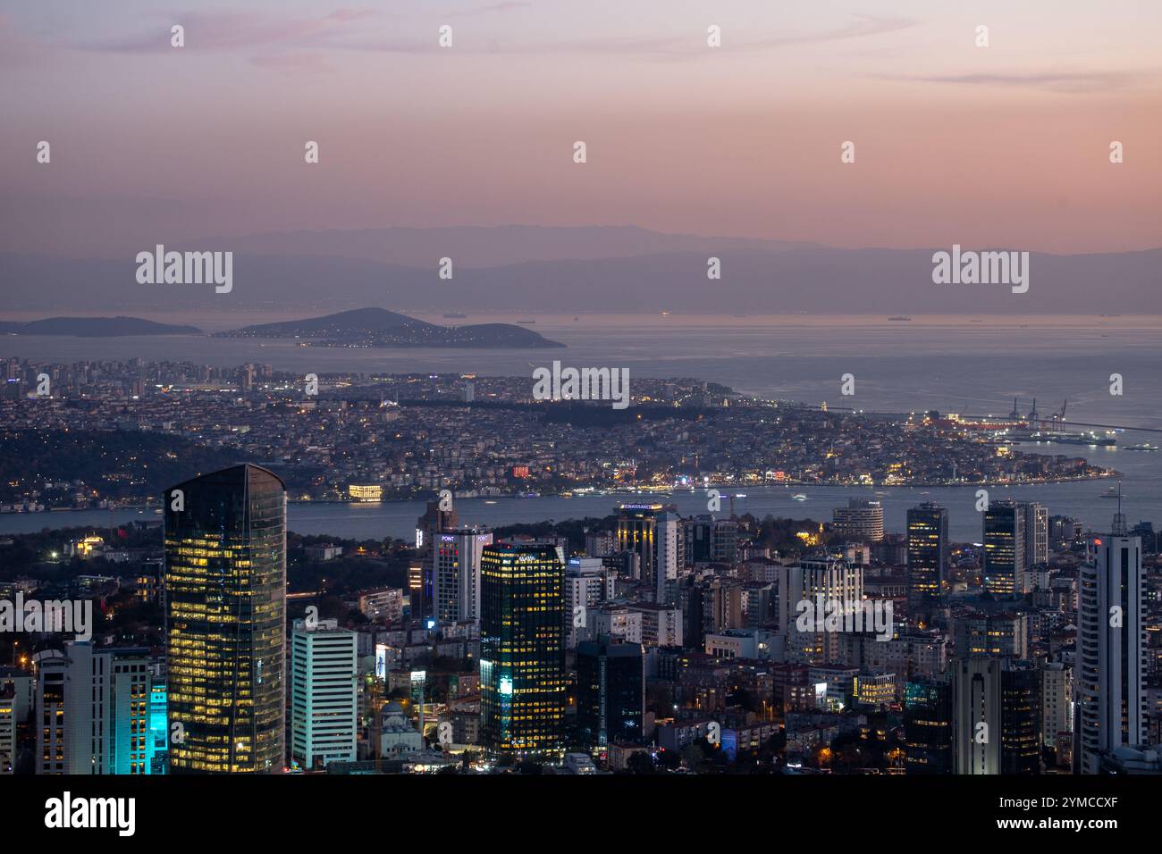 Istanbul panorama at sunset as seen from the Istanbul Sapphire in Turkey. Stock Photo