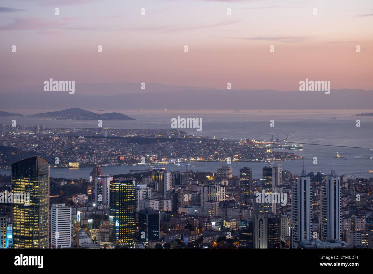 Istanbul panorama at sunset as seen from the Istanbul Sapphire in Turkey. Stock Photo