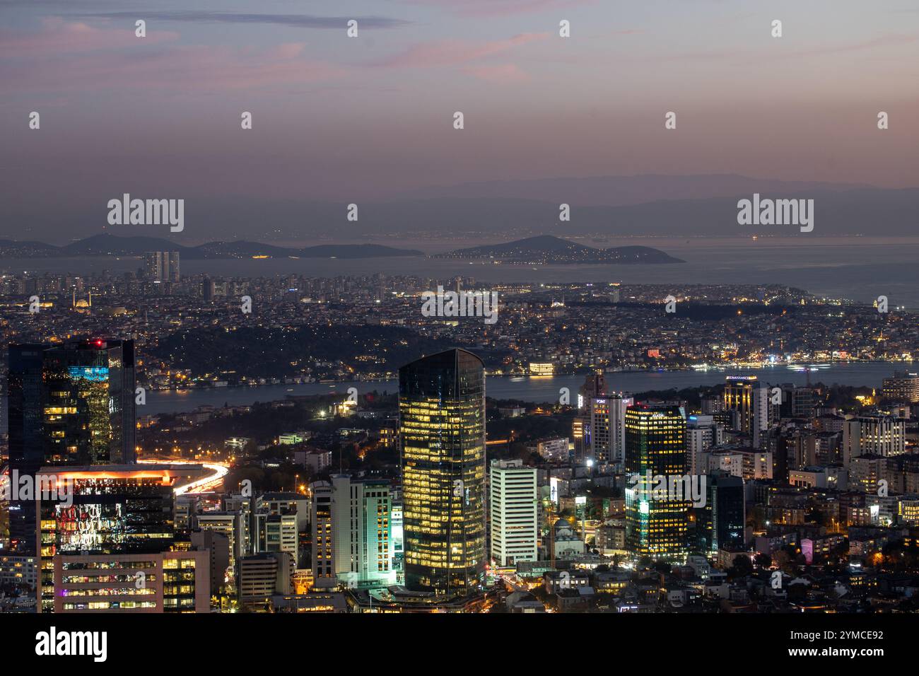 Istanbul panorama at sunset as seen from the Istanbul Sapphire in Turkey. Stock Photo