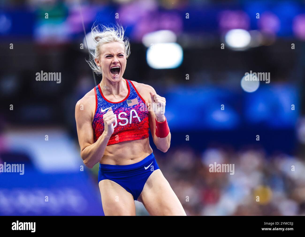 Katie Moon participating in the pole vault at the Paris 2024 Olympic