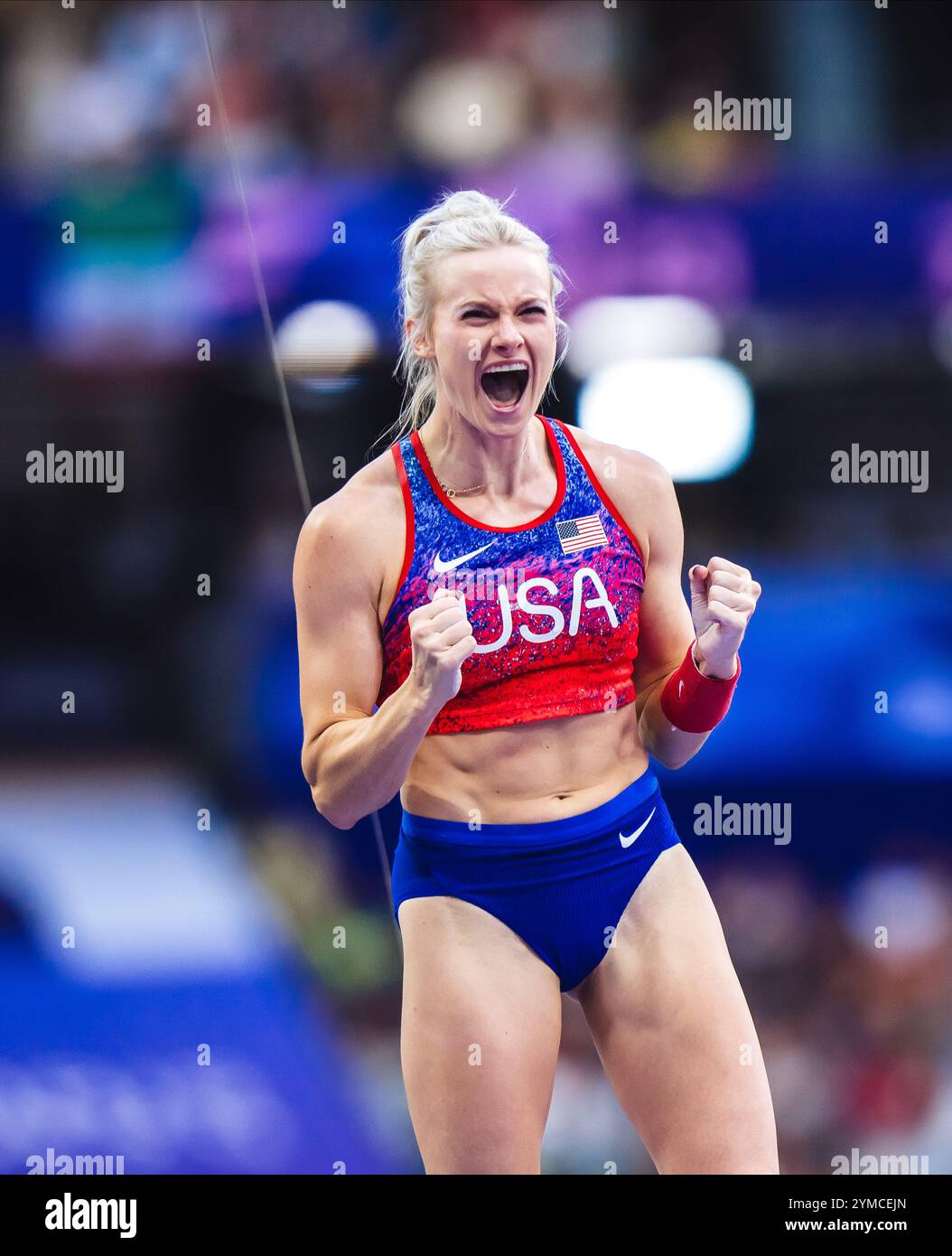 Katie Moon participating in the pole vault at the Paris 2024 Olympic ...