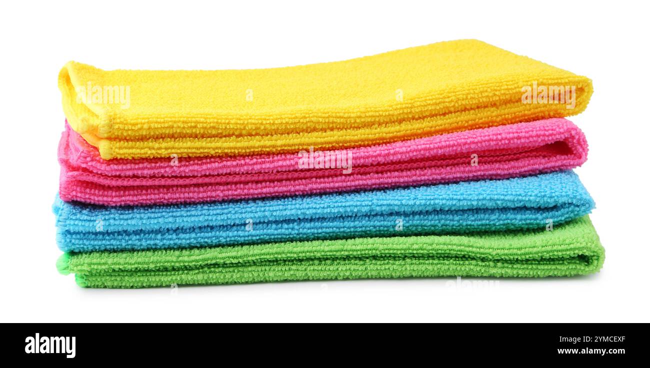 Stack different microfiber cloths isolated on white Stock Photo