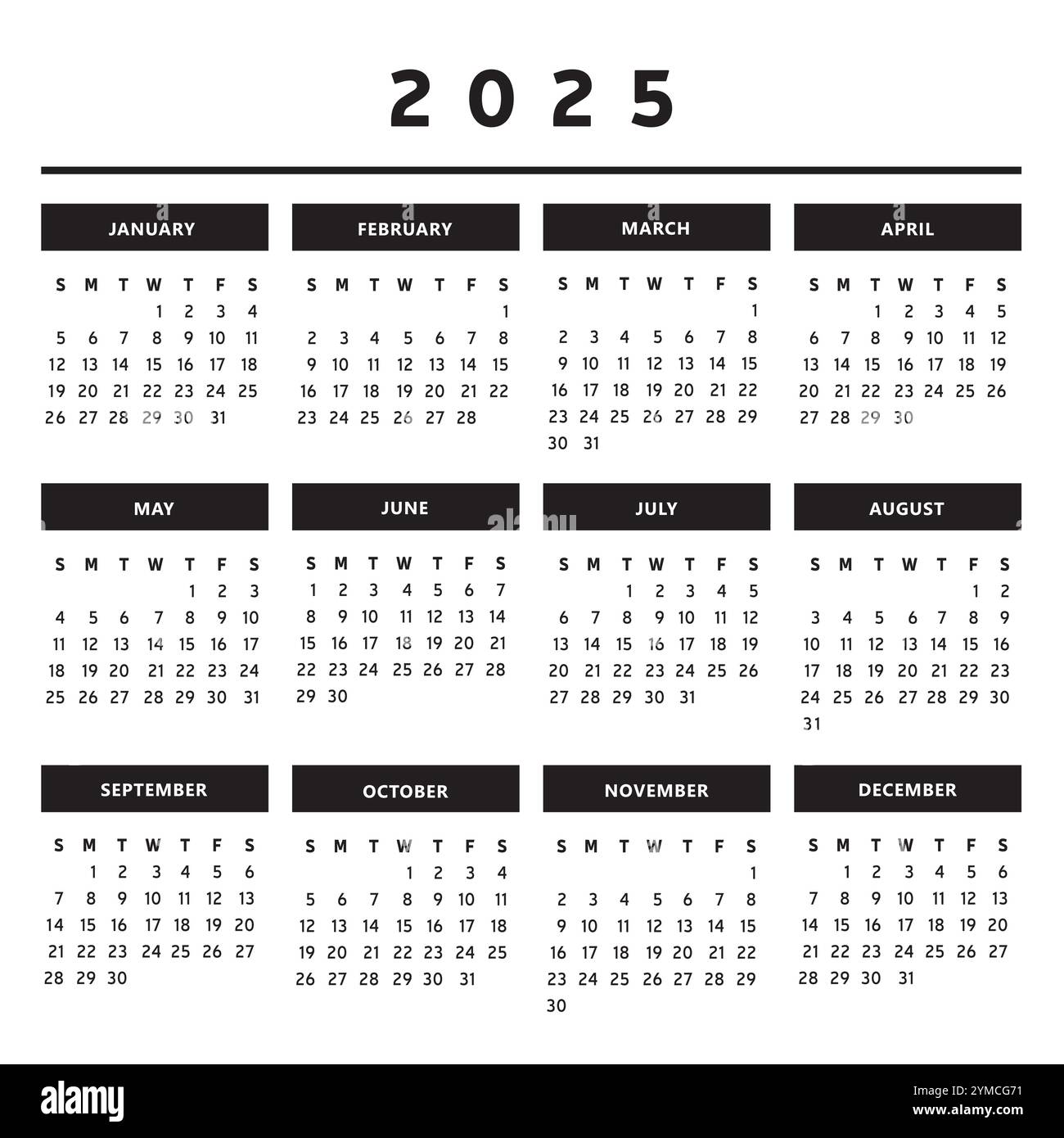 2025 Calendar with Boxes in Black and White Colors 4 Columns - English ...