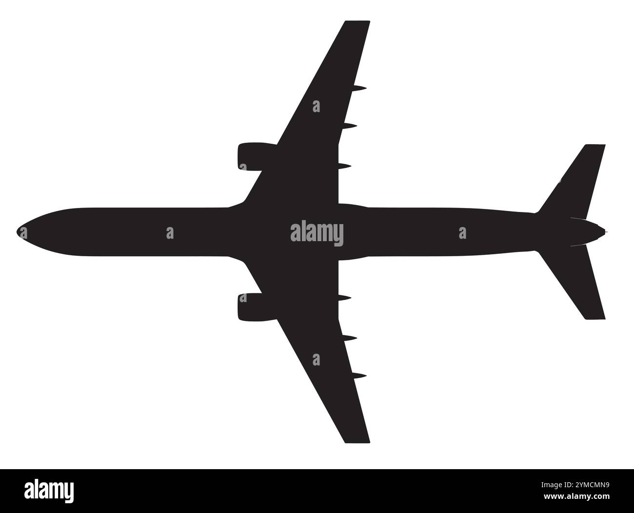 Silhouette of passenger airplane isolated on white background. Top view ...