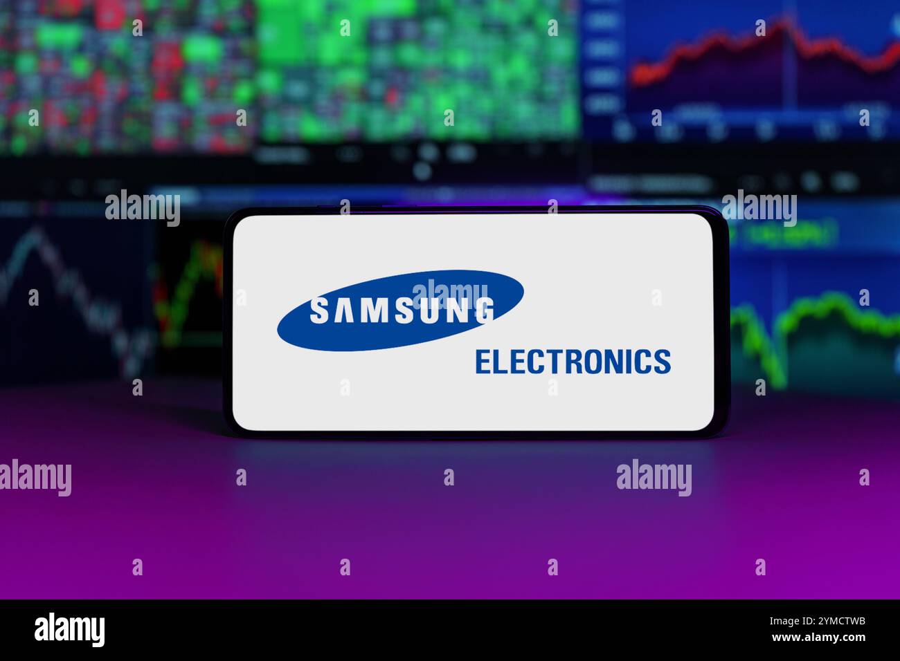 Samsung electronics logo on mobile phone screen company shares rise or fall on stock exchange market London, United Kingdom - 2024 November 6 Stock Photo