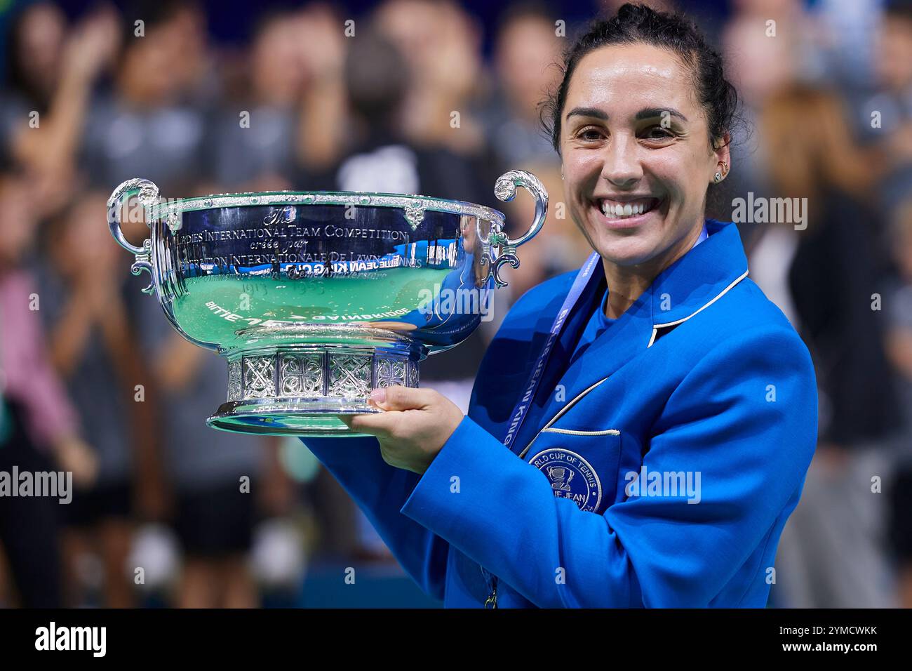 Malaga, Spain. 21st Nov, 2024. MALAGA, SPAIN - NOVEMBER 20: Martina Trevisan of Italy lifts the Billie Jean King Cup trophy during the trophy presentation after winning the Billie Jean King Cup Finals at Palacio de Deportes Jose Maria Martin Carpena on November 20, 2024 in Malaga, Spain. (Photo by Francisco Macia/Photo Players Images/Magara Press) Credit: Magara Press SL/Alamy Live News Stock Photo