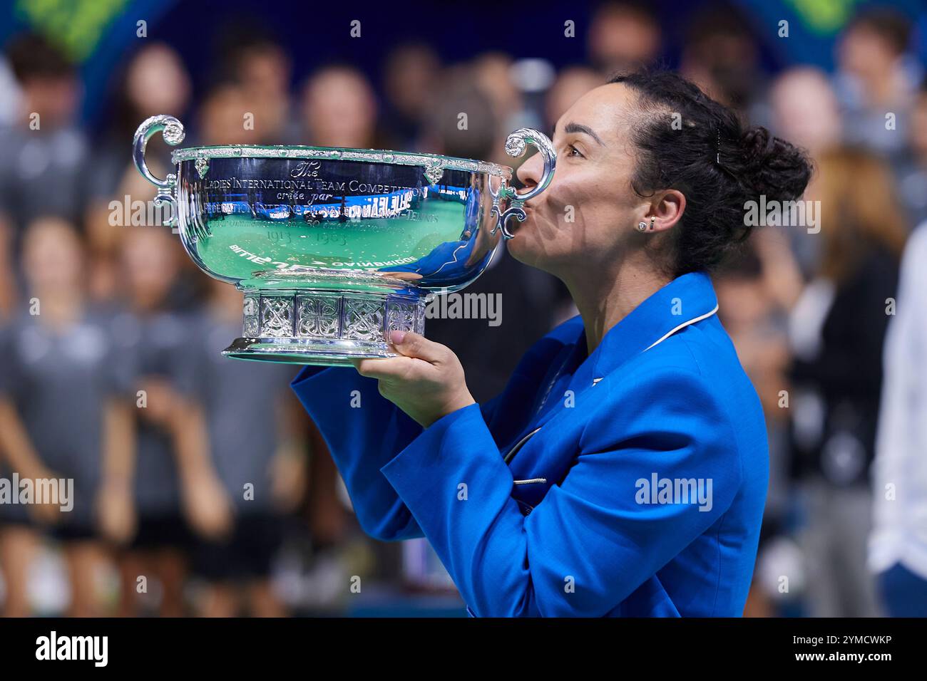 Malaga, Spain. 21st Nov, 2024. MALAGA, SPAIN - NOVEMBER 20: Martina Trevisan of Italy lifts the Billie Jean King Cup trophy during the trophy presentation after winning the Billie Jean King Cup Finals at Palacio de Deportes Jose Maria Martin Carpena on November 20, 2024 in Malaga, Spain. (Photo by Francisco Macia/Photo Players Images/Magara Press) Credit: Magara Press SL/Alamy Live News Stock Photo