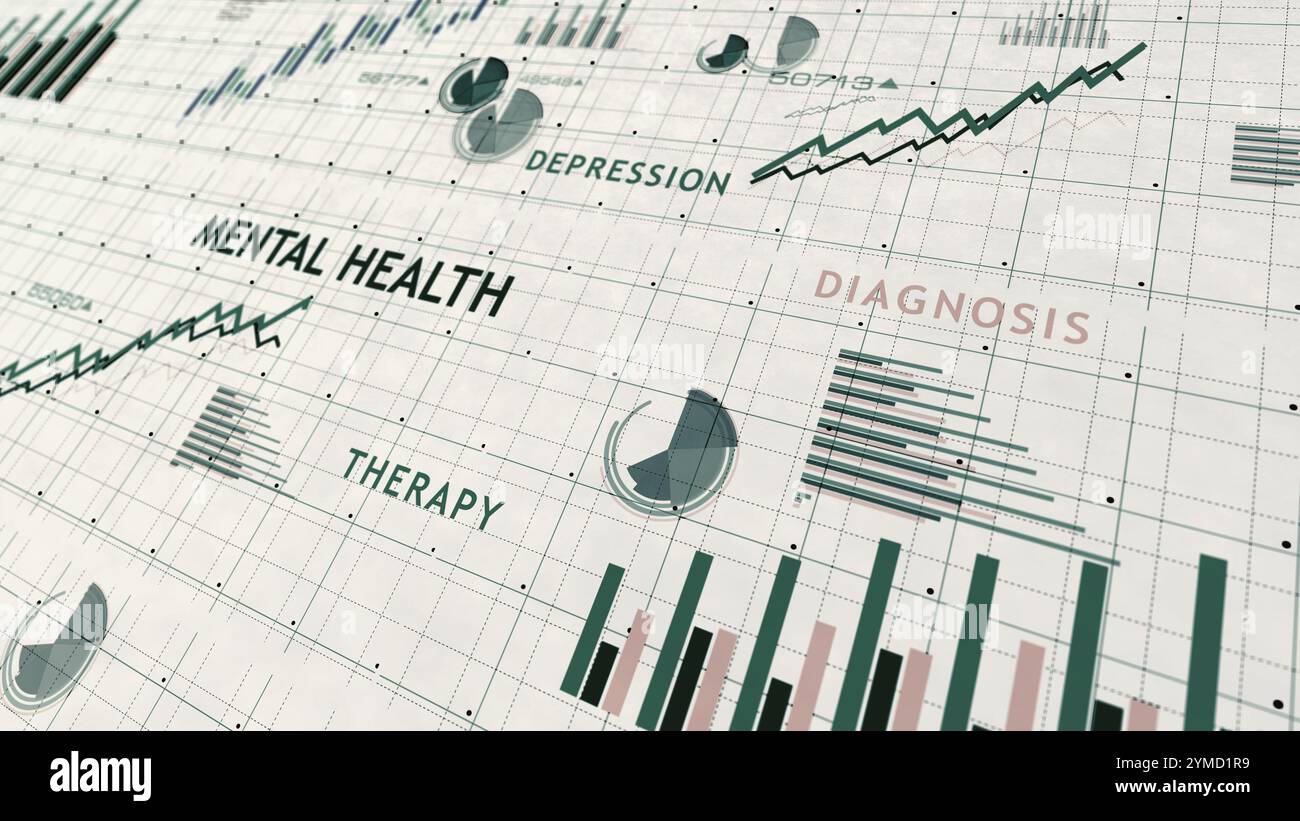 Mental health and depression crisis charts and graphs diagram on paper concept 3d illustration Stock Photo