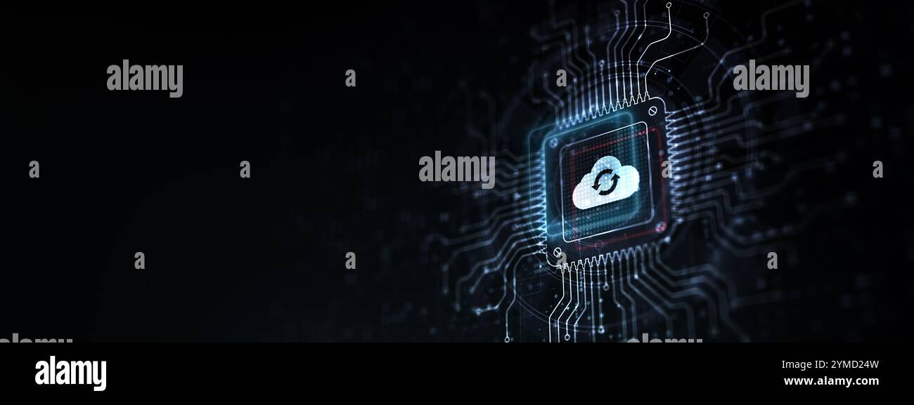 Cloud Enabling Scalable Solutions for Data Storage Illustrated on a Processor Touched by a Human Hand. Stock Photo