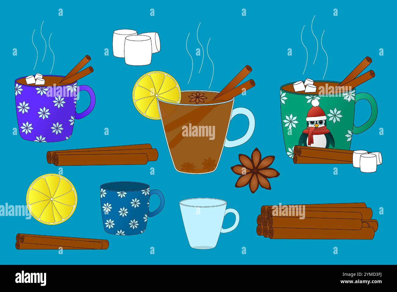 Vector set of winter-themed hot beverages with cinnamon, lemon, marshmallows, and spices. Perfect for Christmas and New Years designs. Stock Vector