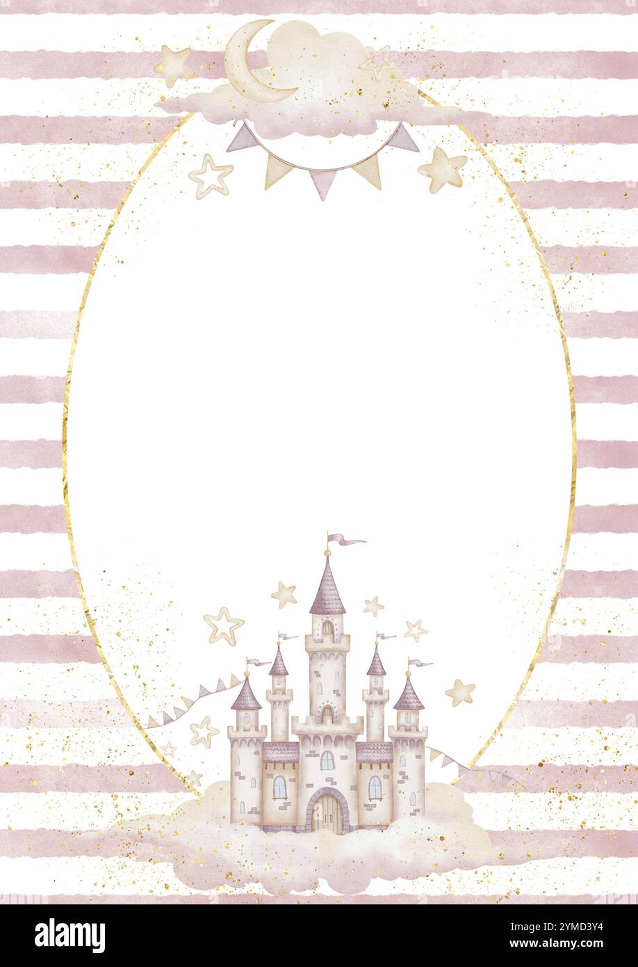 Watercolor Template with Princess's Castle for Baby girl greeting cards ...