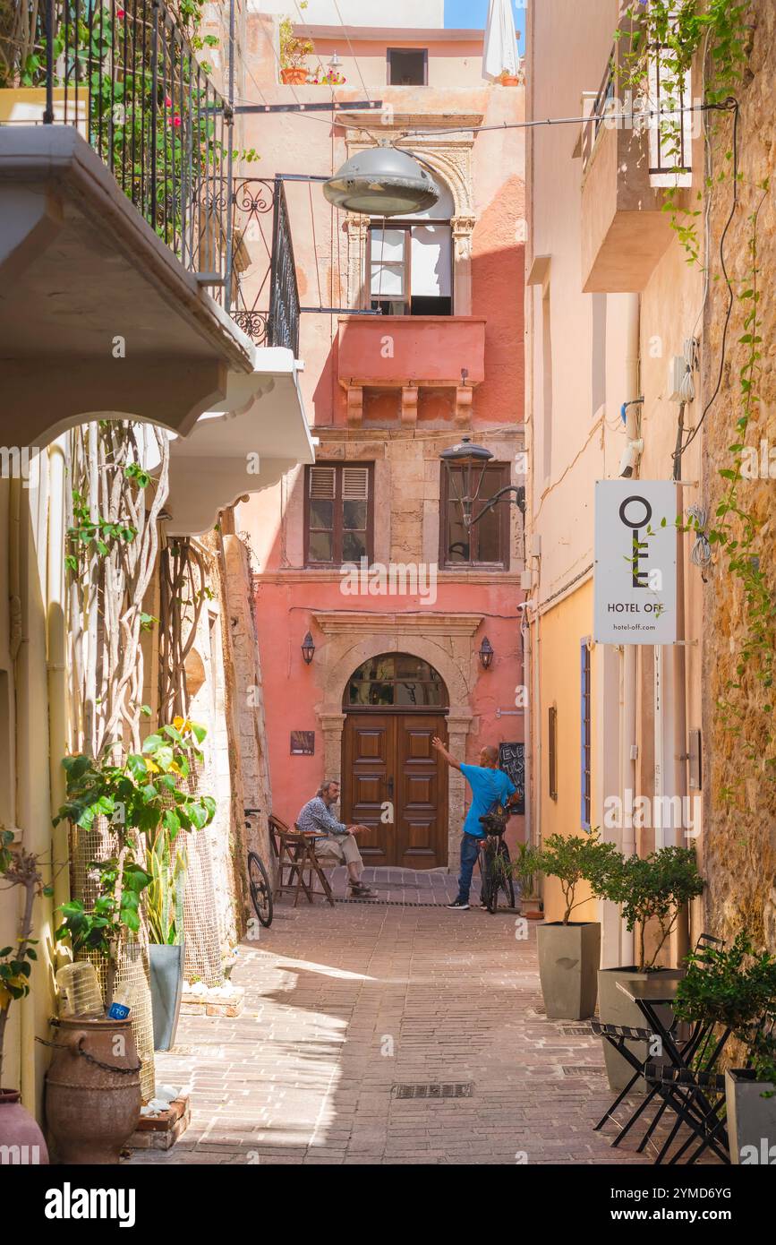 Old town Crete, view of a quiet street in the scenic Venetian old town area of Chania (Hania) in Crete, Greece. Stock Photo