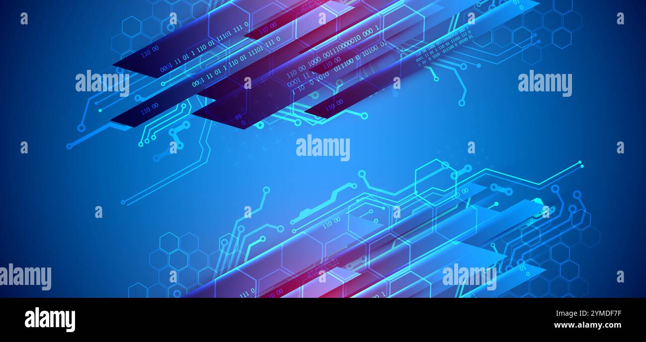 Abstract technological illustration with neon lights on a dark blue gradient background. This vector was hand drawn. Stock Vector