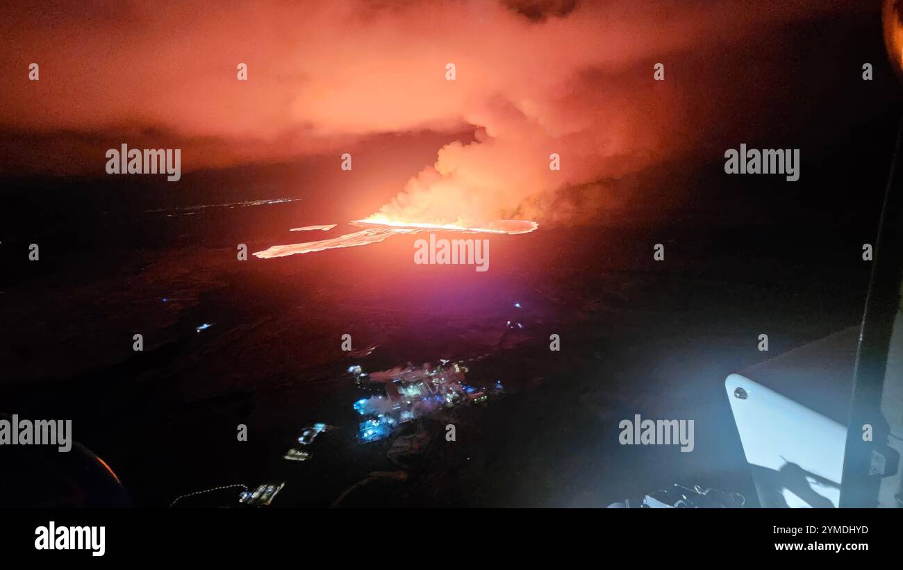 Grindavik, Iceland. 20th Nov, 2024. Lava and smoke spews from the latest eruption of the Sundhnúkur volcanic system on the Reykjanes peninsula of south-west Iceland, September 20, 2024 near Grindavik, Iceland. This is the seventh eruption in the past year of the volcano. Credit: Icelandic Civil Defense/Almannavarnadeild/Alamy Live News Stock Photo