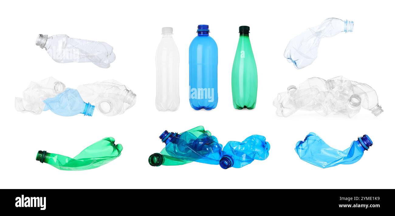 Whole and crumpled plastic bottles on white background, collage Stock ...