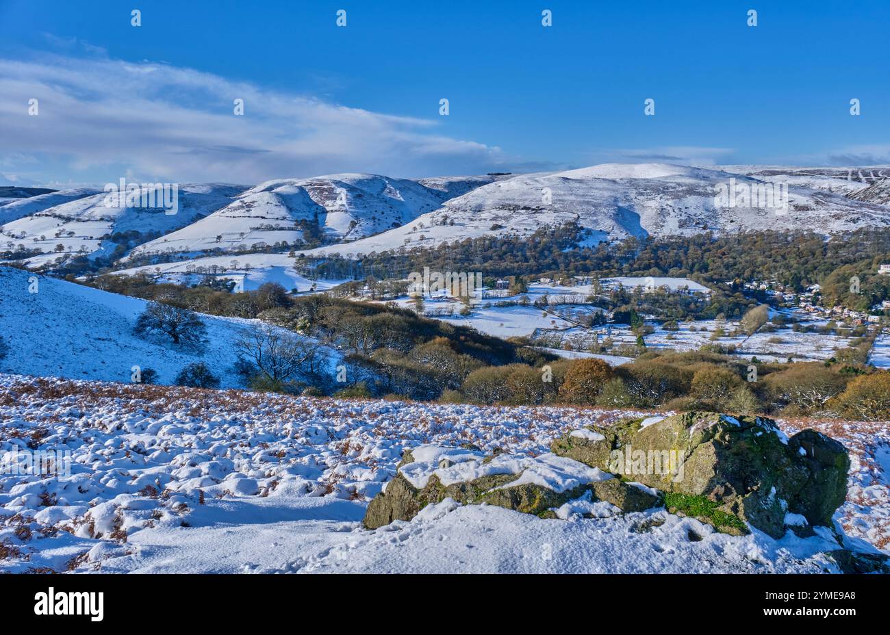 Ashes Hollow and Small Batch on the Long Mynd, in snow, seen from Ragleth Hill, Church Stretton, Shropshire Stock Photo