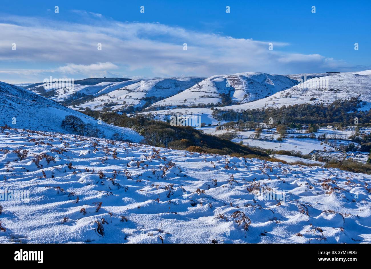 Ashes Hollow and Small Batch on the Long Mynd, in snow, seen from Ragleth Hill, Church Stretton, Shropshire Stock Photo