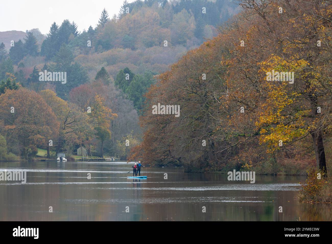 Paddleboarding on River Leven near Newby Bridge, Lakeside, Ulverston, England Stock Photo