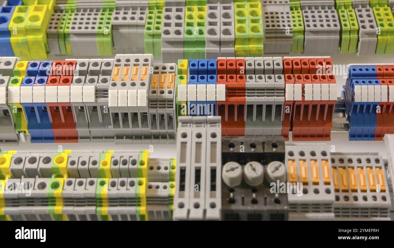 Close-up large electrical terminal block machine panel. Quick connect and release terminal connector Stock Photo