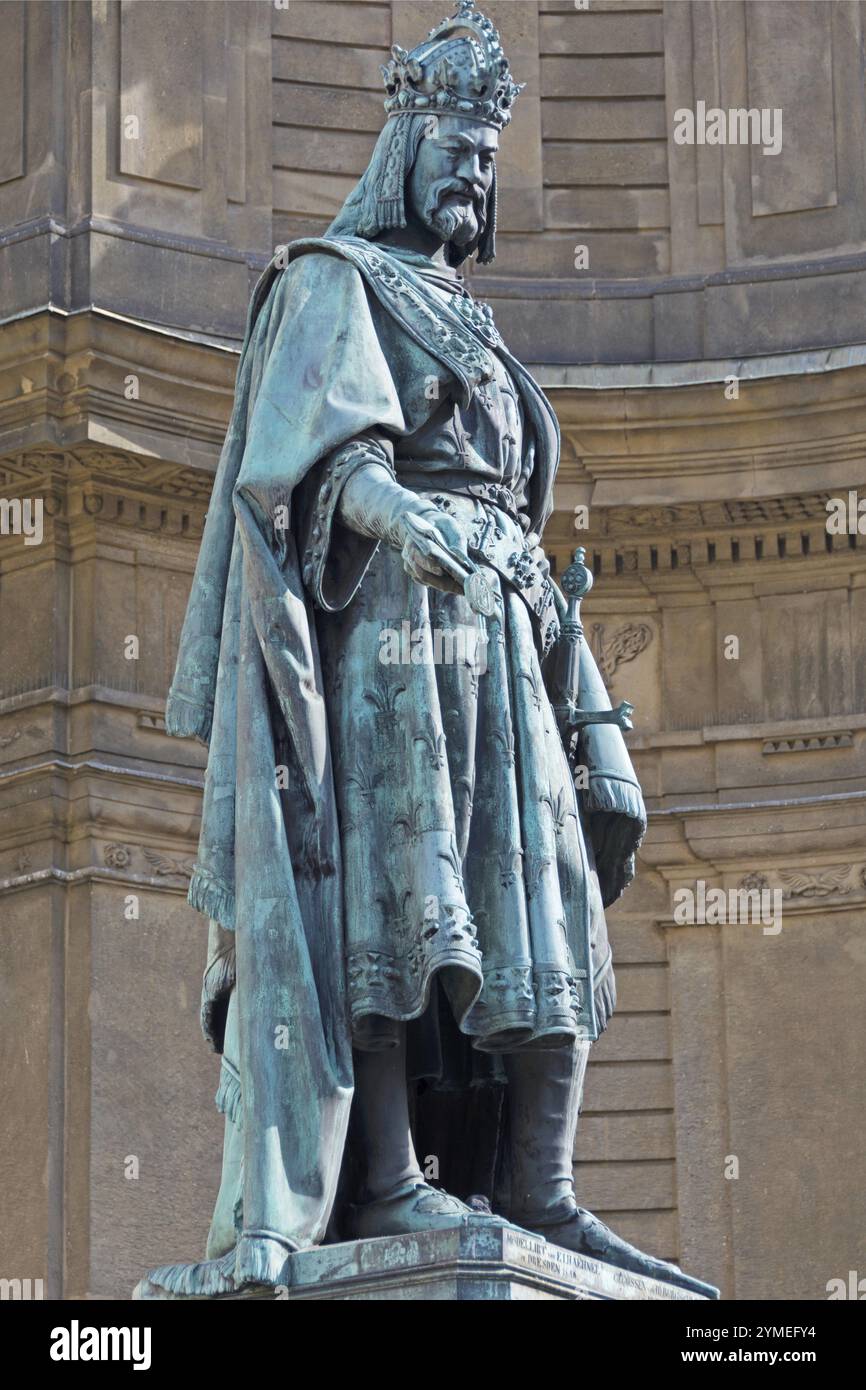 Monument to Charles IV in front of the Charles Bridge in Prague in portrait format Stock Photo