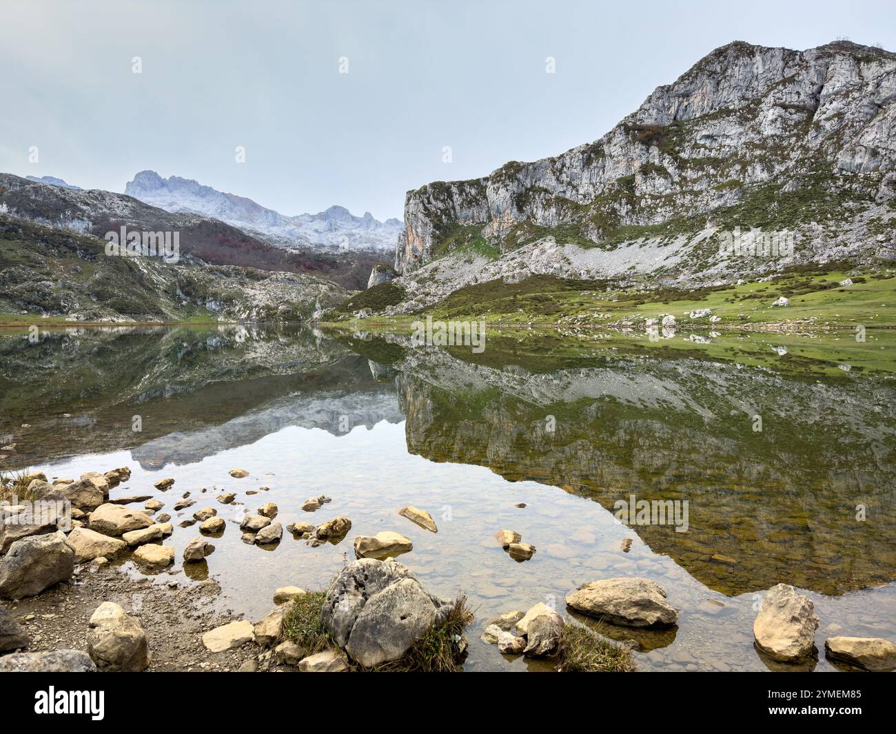 The still waters of Lake Ercina make a perfect reflection in the magnificent Picos de Europa National Park, Asturias, Spain - Smartphone Captured Stock Image