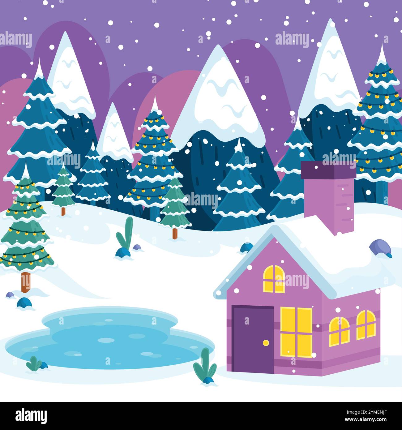 Snowy cottage and decorated trees at twilight, Vector Stock Vector ...
