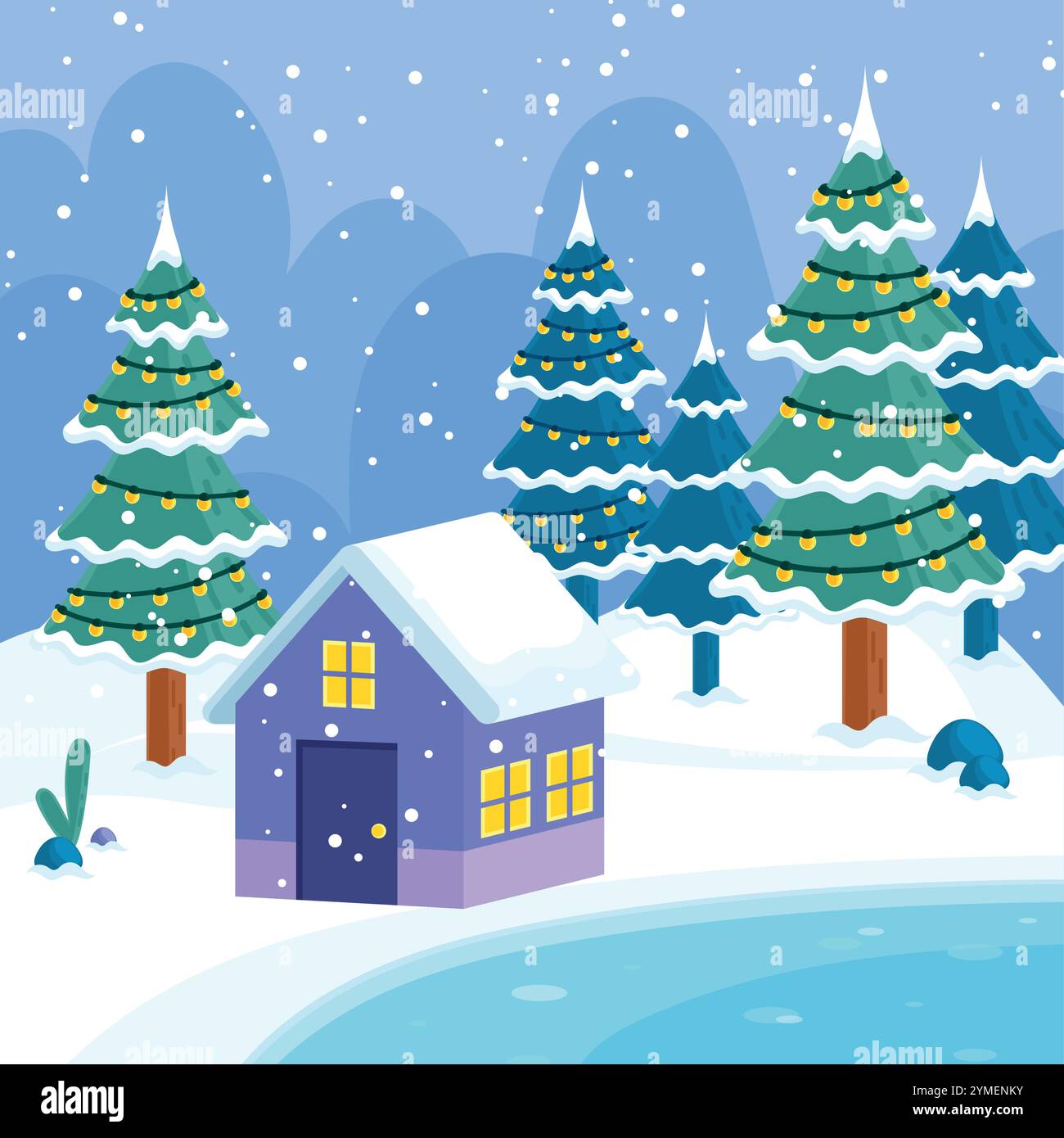 Cozy house in snowy forest with lights, Vector Stock Vector Image & Art ...
