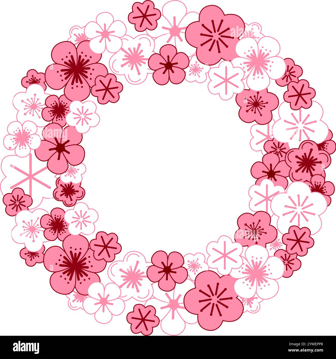Cute cherry pink blossoms circle round frame template .vector frame. graphic Stock Vector