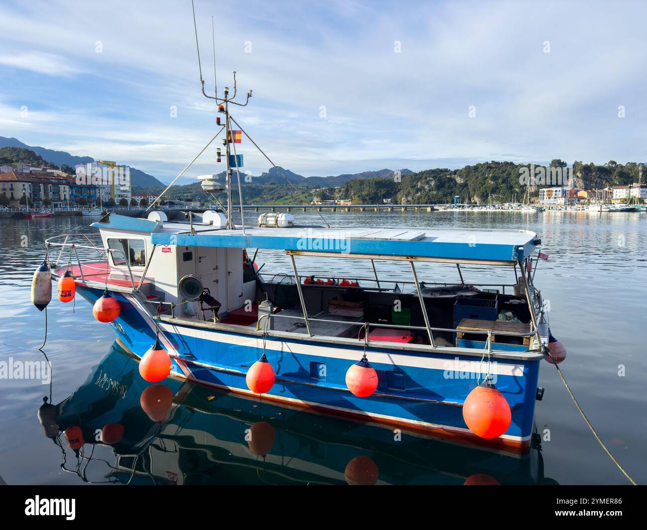 Fishing boat moored in the seaside village of Ribadesella, Asturias, Spain - Smartphone Captured Stock Image