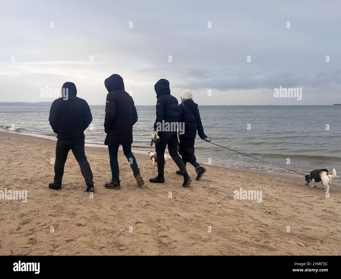 People walking along the Gdansk beach on a cold Winter day by the Baltic Sea, Gdansk Bay, Poland, Europe - Smartphone Captured Stock Image