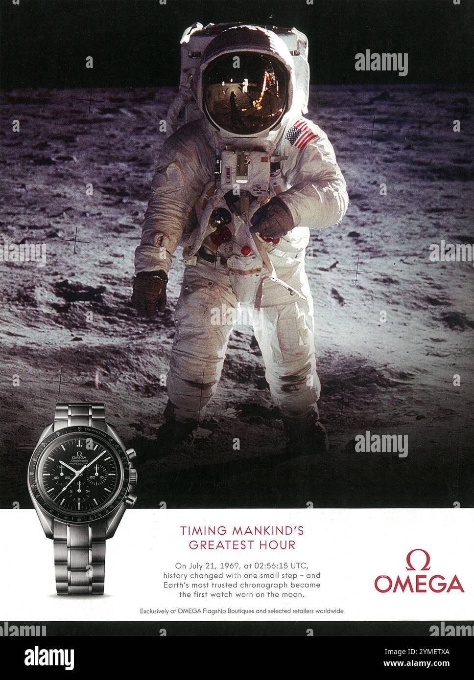 2018 Omega Speedmaster Moonwatch Ad - '...On July 21, 1969...Earth's most trusted chronograph became the first watch worn on the Moon' Stock Photo