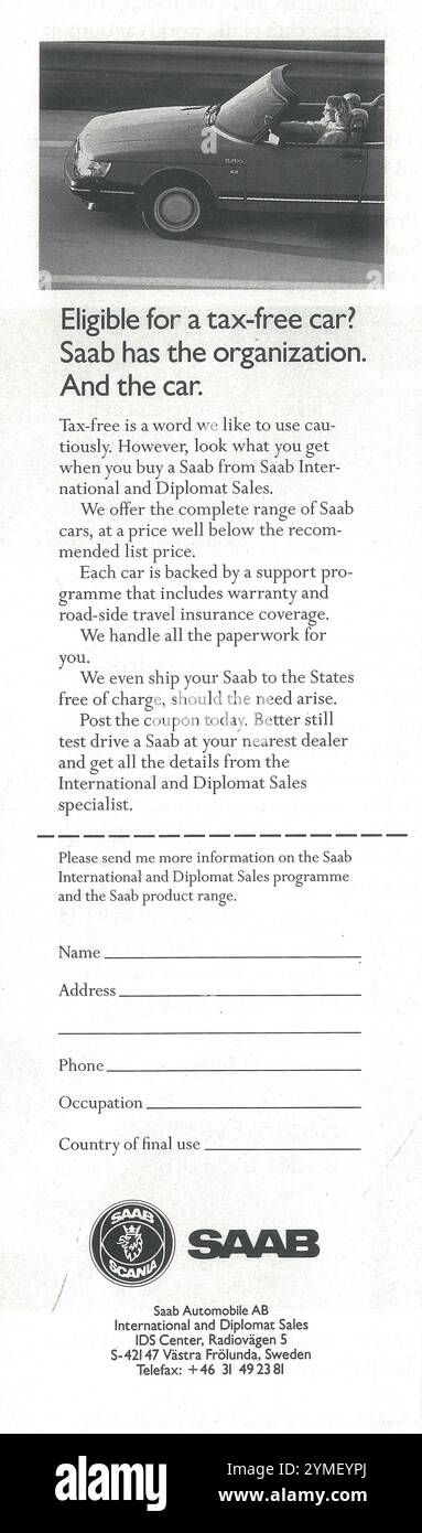 1990 SAAB Diplomat Sales Tax-Free Coupon Ad Stock Photo