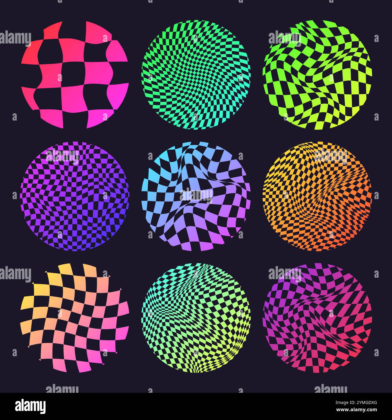 Groovy checkered pattern, neon round tiled grid. Vintage wavy curved ...