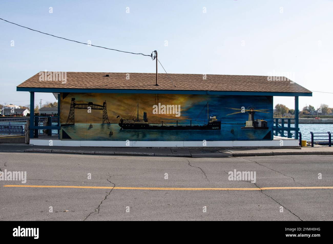 Mural iconic imagery of Port Colborne on Harbour Master building on West Street in Port Colborne, Ontario, Canada Stock Photo
