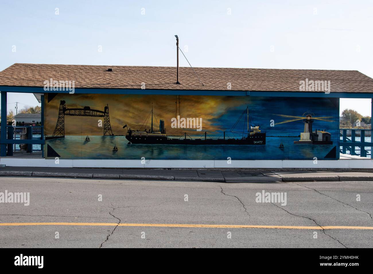 Mural iconic imagery of Port Colborne on Harbour Master building on West Street in Port Colborne, Ontario, Canada Stock Photo