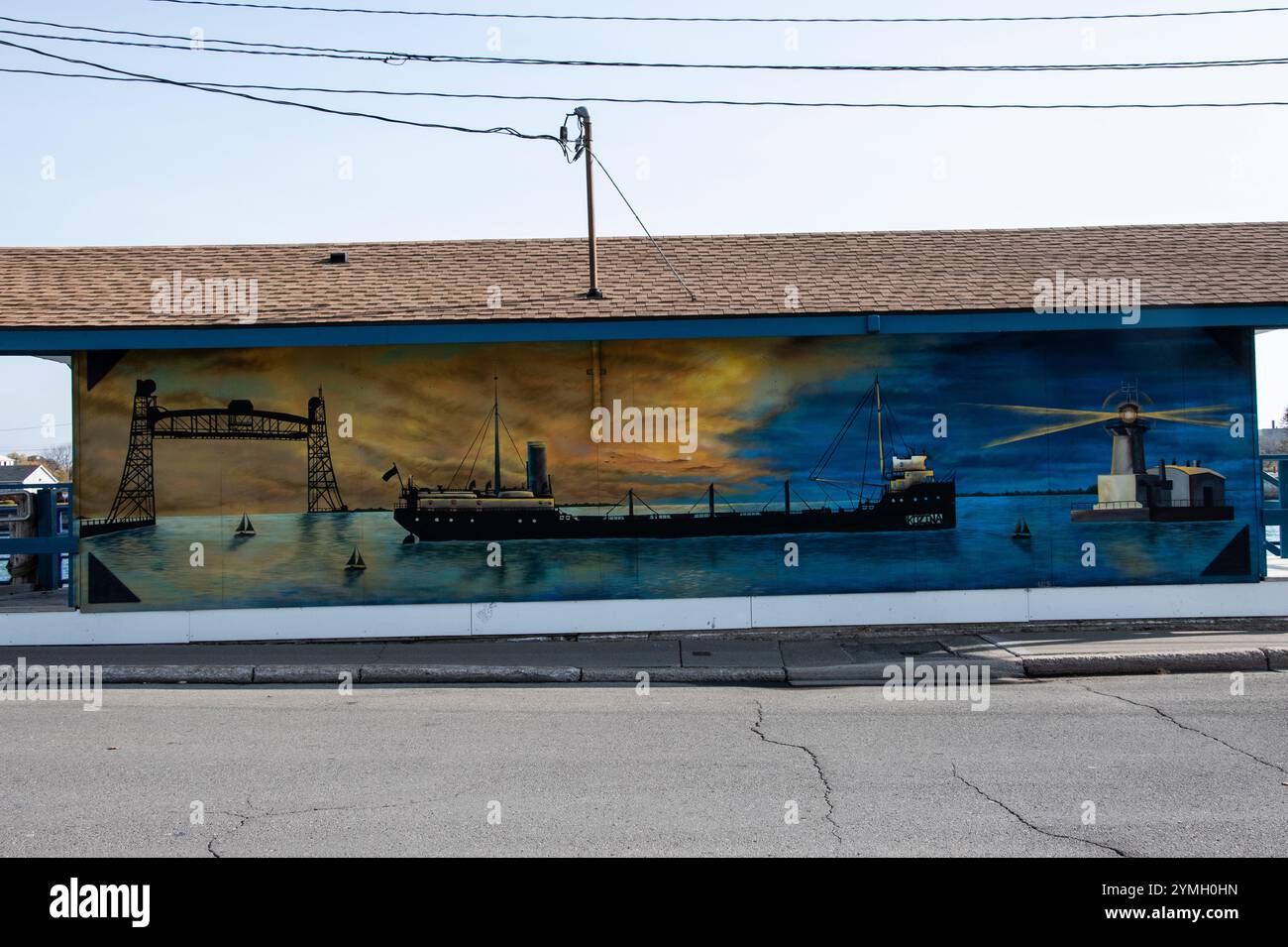 Mural iconic imagery of Port Colborne on Harbour Master building on West Street in Port Colborne, Ontario, Canada Stock Photo