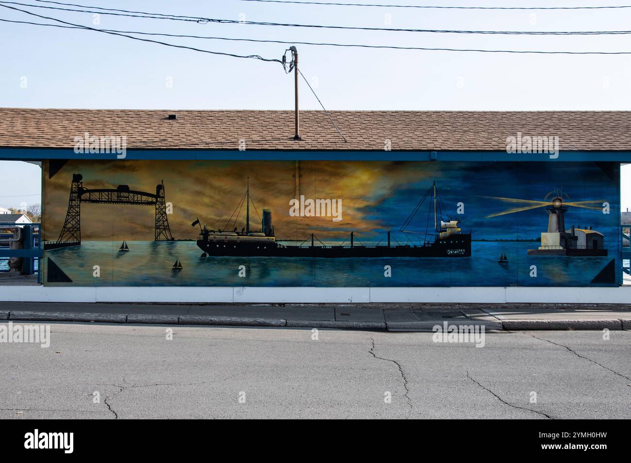 Mural iconic imagery of Port Colborne on Harbour Master building on West Street in Port Colborne, Ontario, Canada Stock Photo