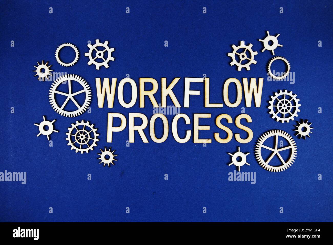 Workflow Process alphabet letters with gears element on navy blue ...