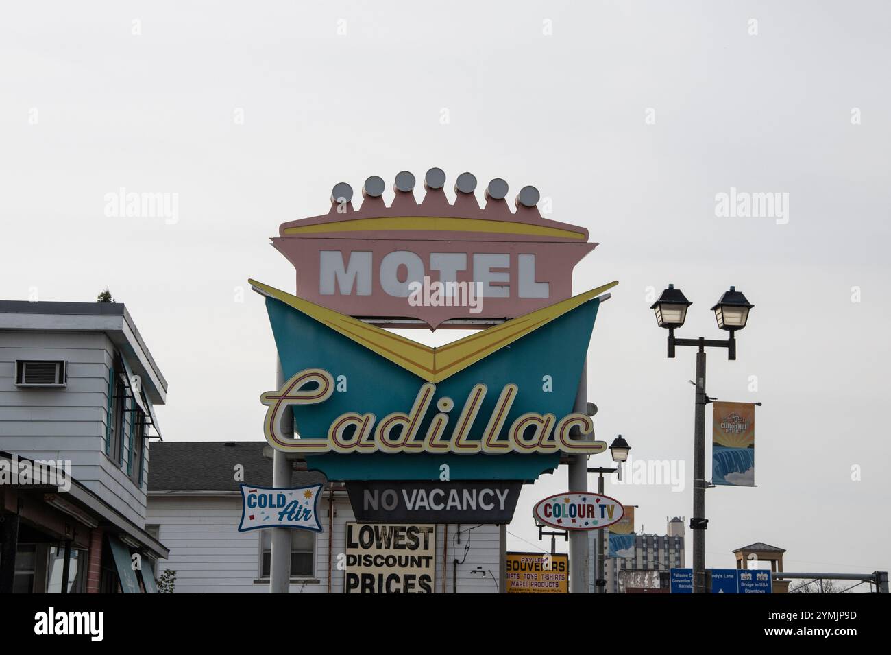 Vintage Cadillac Motel sign on Ferry Street in Niagara Falls, Ontario, Canada Stock Photo