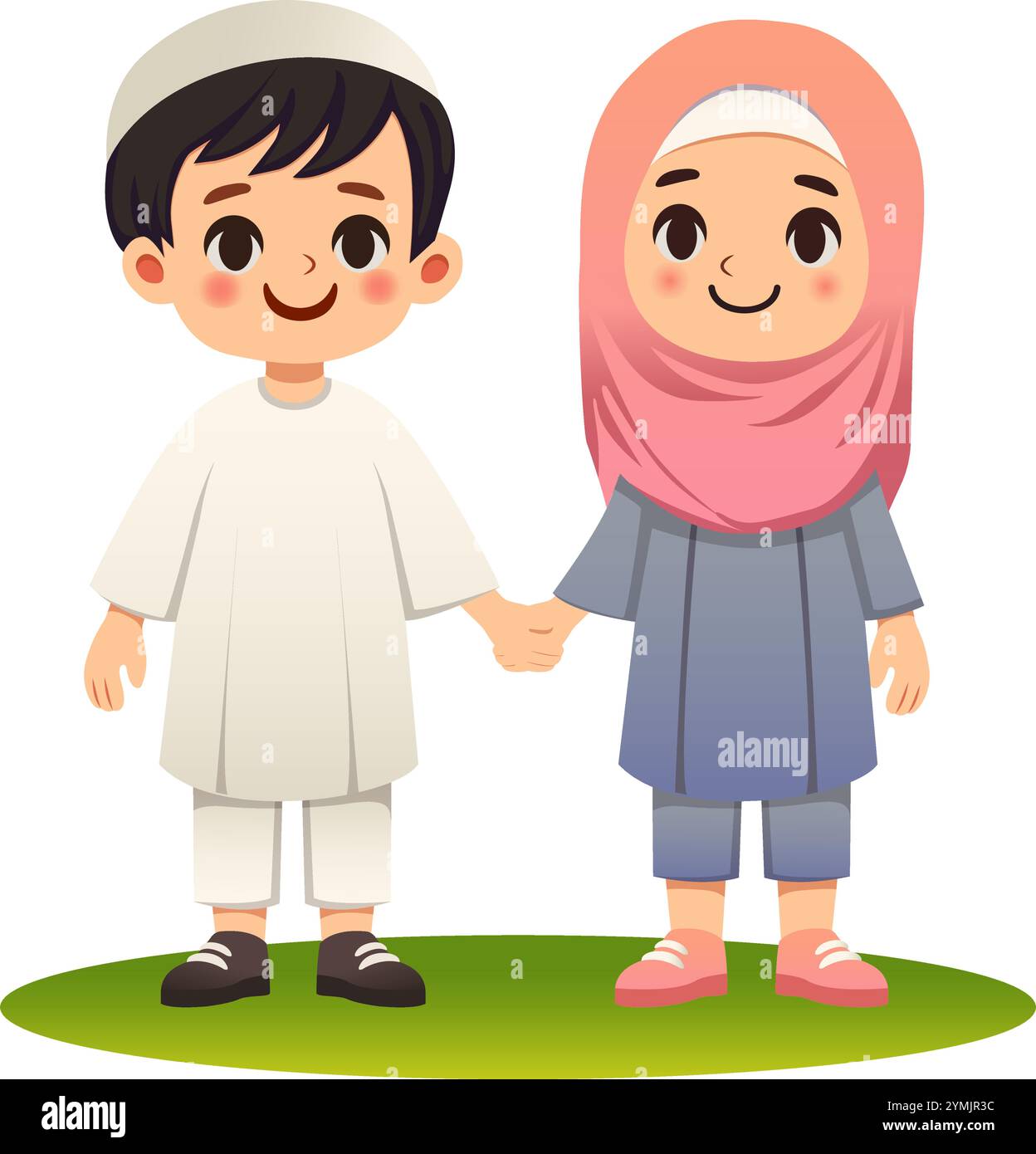 Vector cartoon style illustration. Happy Eid Al-Fitr. Muslim children boy and girl holding hands. Stock Vector