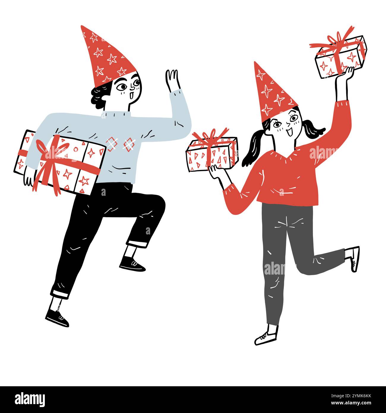 The happy kids are gleefully with gifts. Hand drawing vector ...