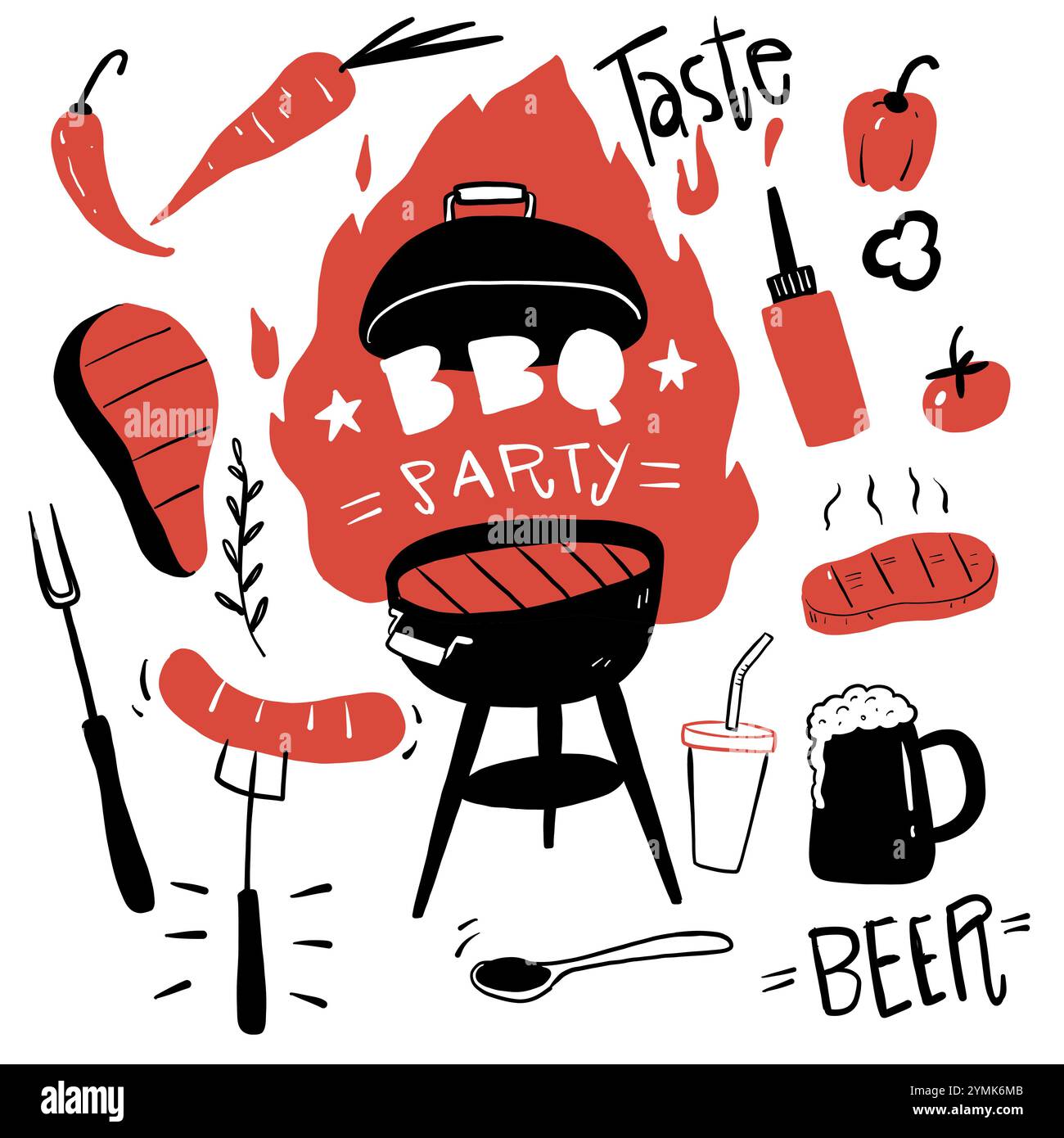 Set of barbecue elements drawn in doodle vector. For the design of the ...